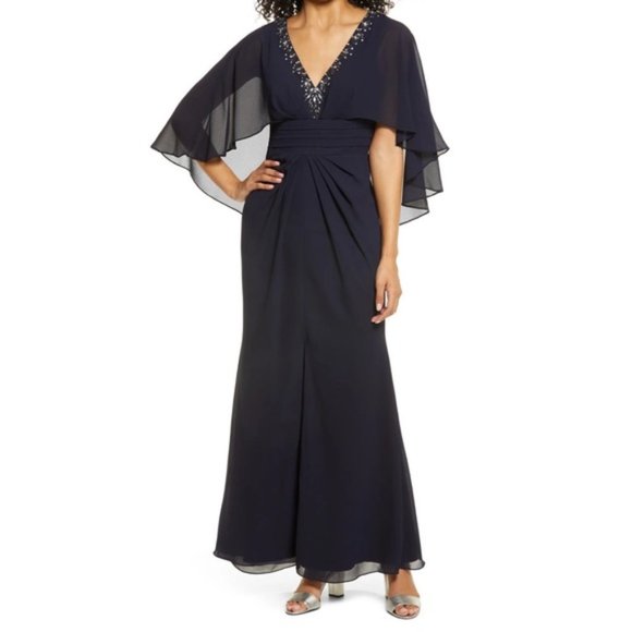 Vince Camuto Dresses & Skirts - New Vince Camuto Navy Beaded Neckline Capelet Gown Size 6